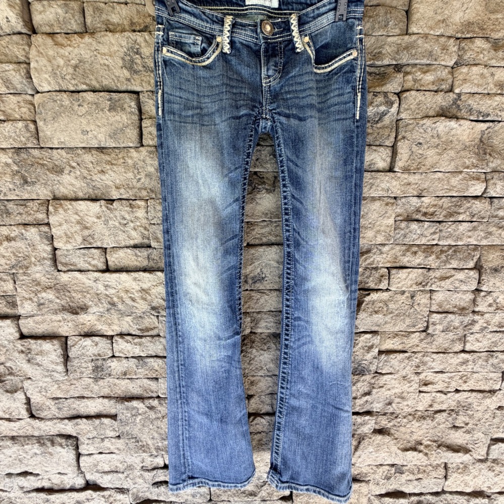 Daytrip Leo Bootcut Jeans Women 25R Low Rise Denim Embellished Boho Indie